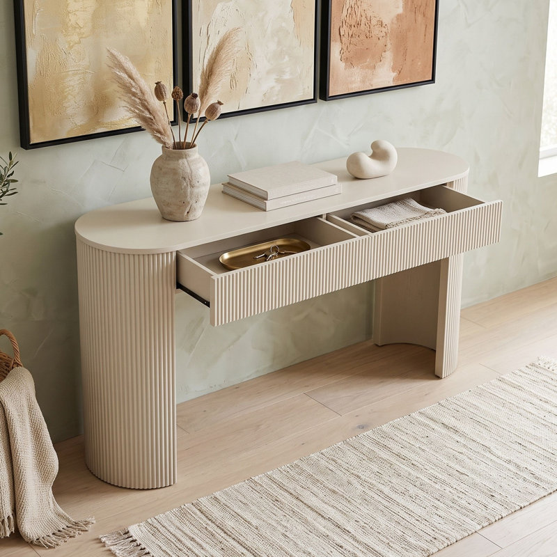 Console moderne cannelée avec tiroirs dissimulés, table d'entrée ovale avec pattes en forme de colonne incurvée