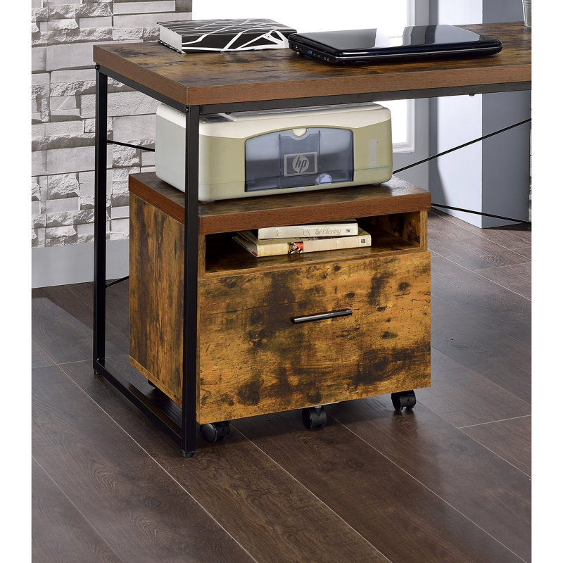 S Weathered Oak File Cabinet With Black Finish - Rectangular, Assembled, Wooden Top, Metal Legs, Locked Compartment Storage, Lock And Drawer & Storage