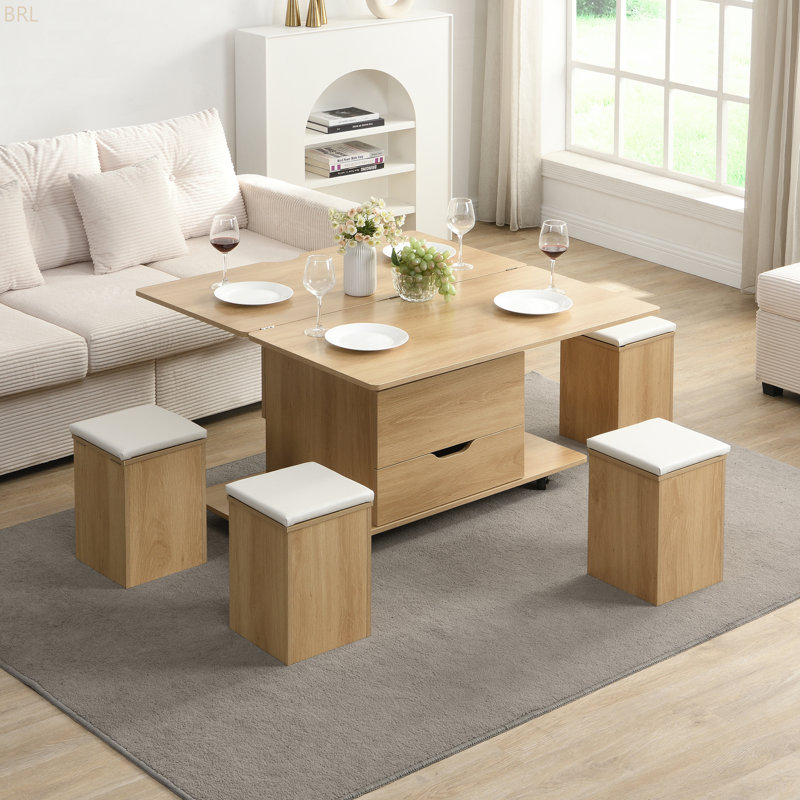 Table basse multifonctionnelle à plateau relevable avec rangement caché et tabourets, table centrale moderne multifonctionnelle avec 4 tabourets et roulettes, parfaite pour les espaces de vie modernes