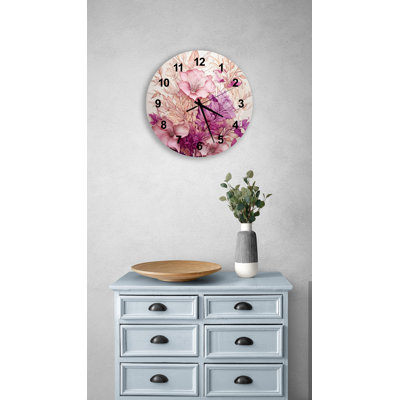 Horloge murale silencieuse rose et mauve à motif floral abstrait