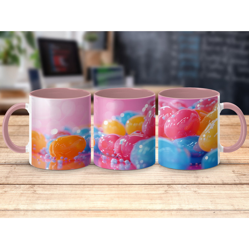Set of 2 3D Design 11oz Accent Mugs – Ceramic Coffee Cups with a Pink Handle and Interior