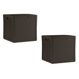Suncast 60 Gallon Resin Wicker Design Cube Shape Storage Deck Box, Java
