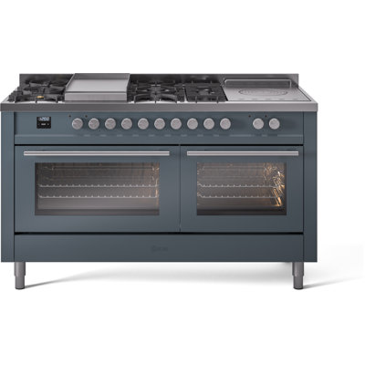 ILVE Professional Plus II 60 Inch Dual Fuel Range, 7 Sealed Burners, Griddle, French Top (Glass Door)