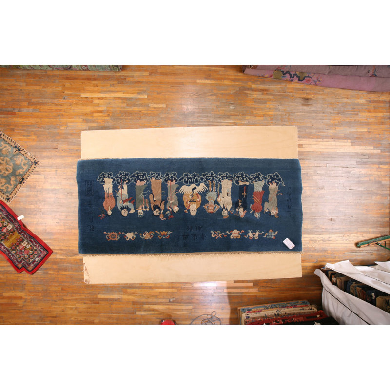 Blue Small Scatter Size 1930s Chinese Knotted Antique Wool - Peking Rectangle Rug
