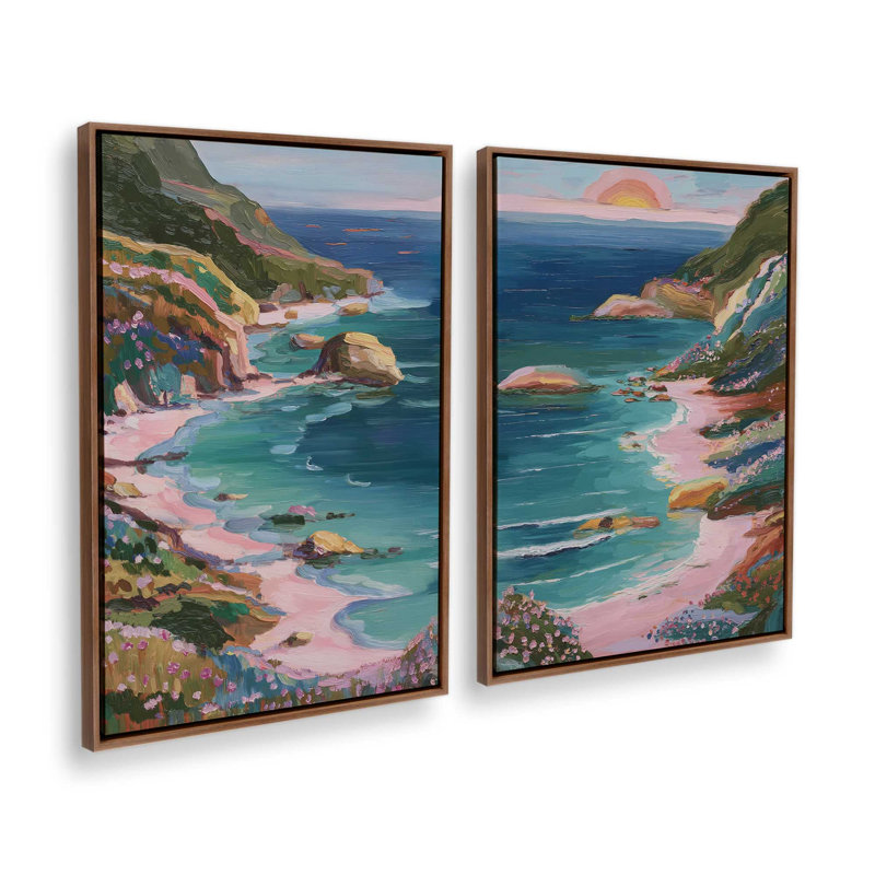 Ensemble de 2 estampes Crystal Rose Horizon, 30 po x 20 po, Cadre flottant en noyer