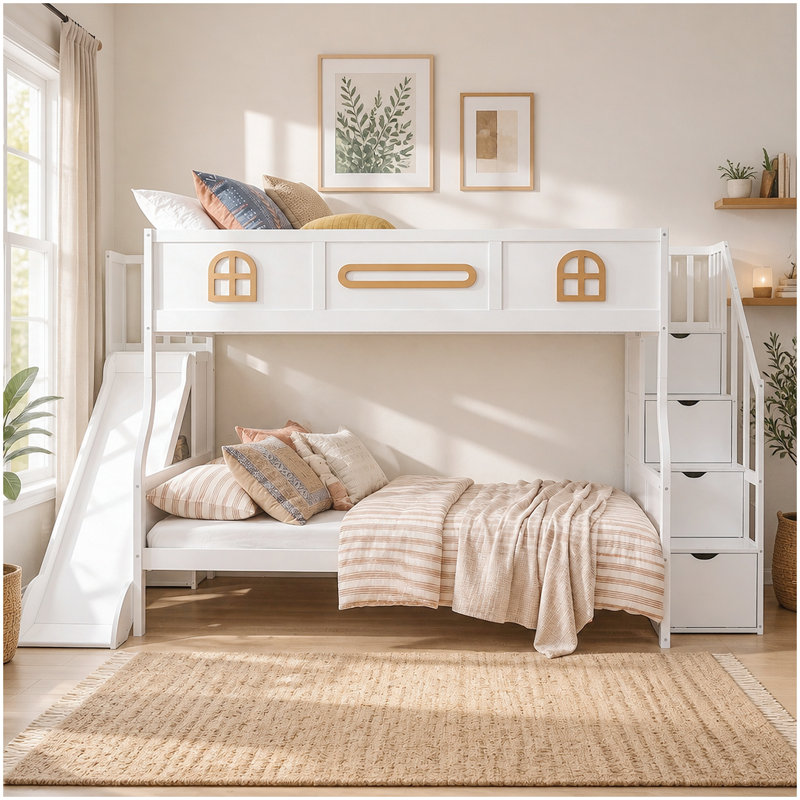 Lit double superposé au-dessus de grand lit double avec glissière et escalier de rangement, blanc, Blanc