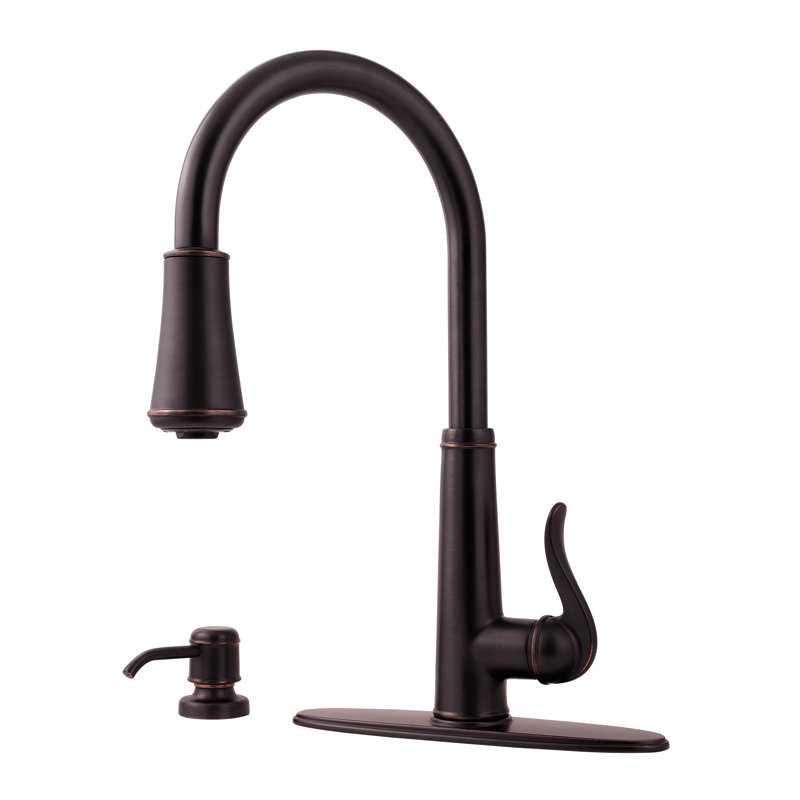 Ashfield Pull Down Single Handle Kitchen Faucet with Soap Dispenser, Tuscan Bronze