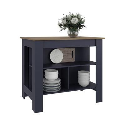 Navy Blue Kitchen Island For Dining Room Meal Prep, Three Open Shelves And One Top Shelf, Ideal Organization, Wide Surface Preparation, Particle Board Structure, 35.2 In High Use, Storage Spaces