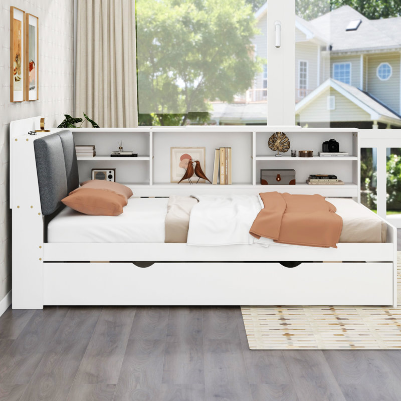 Lit plateforme en bois avec lit gigogne, Lit simple, Blanc