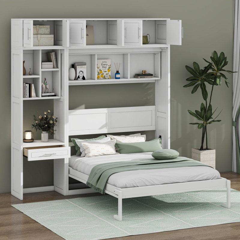 Lit escamotable avec garde-robe et armoire supérieure, lit escamotable en bois avec tablettes, Double, Blanc