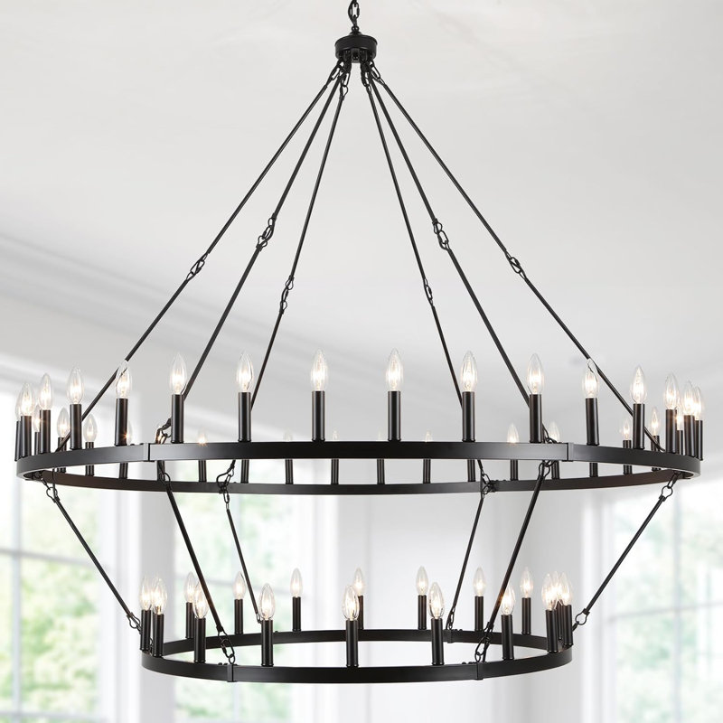 Neiges 54 - Light 60" Two Tier Large Farmhouse Rustic Candle Style Wagon Wheel Chandelier, Matte Black