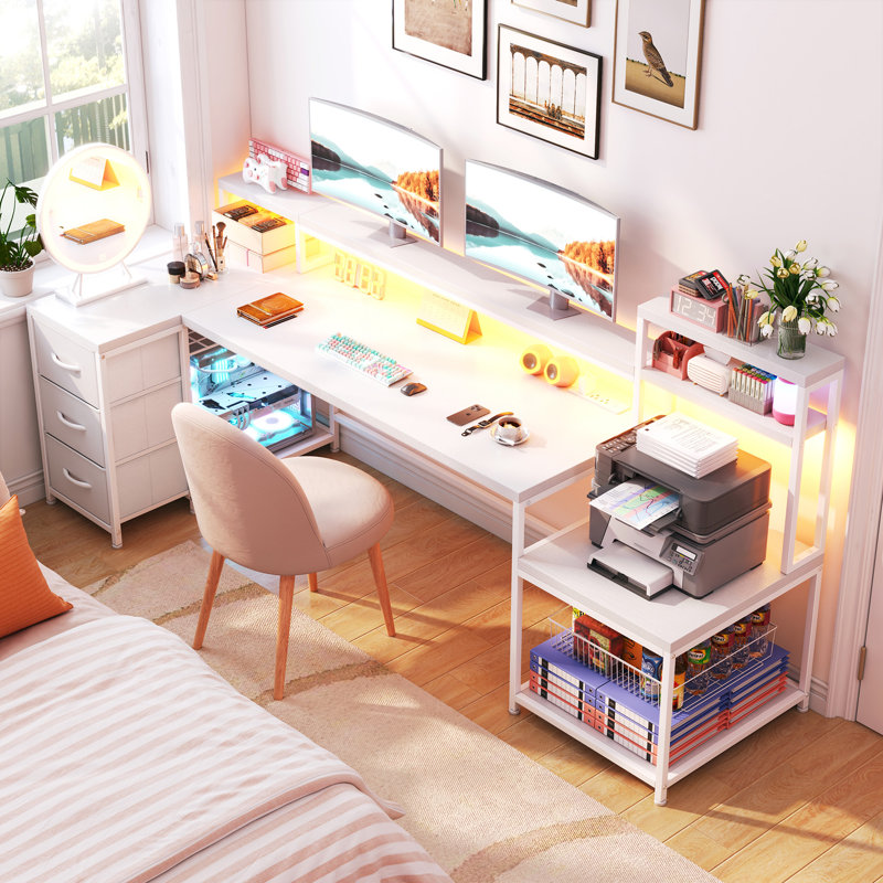 71"w Led L-shaped Computer Desk,gaming Desk With Power Outlet,home Office Desk With Monitor Stand, White