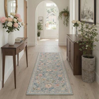 Tapis d'intérieur floral bleu / vert / beige lavable à la machine avec envers antidérapant Abbey Blossom
