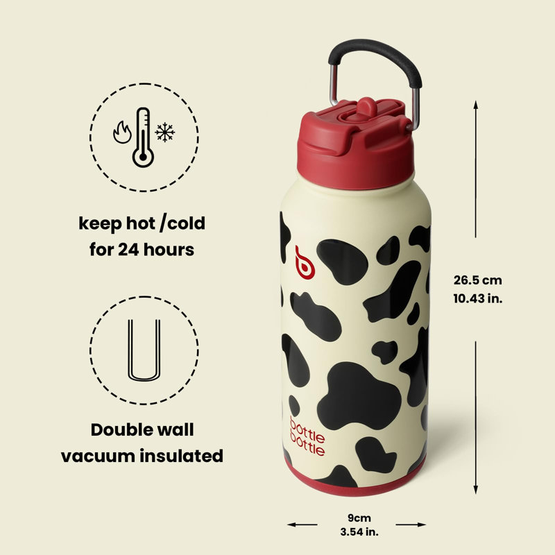 Bouteille d'eau isotherme pour bouteille de sport en acier inoxydable avec couvercle en paille à double usage 32 oz., Vache