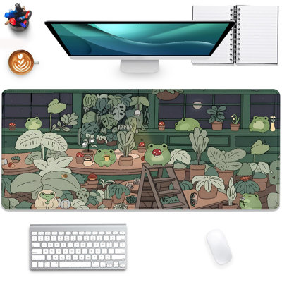 Tapis de souris Cute Frog, tapis de dessin animé grenouille, décor de bureau vert Kawaii, tapis de bureau pour bureau de grenouille, tapis de souris en caoutchouc antidérapant à bords cousus pour le travail à domicile, 15,75 po x 31,5 po cadeau