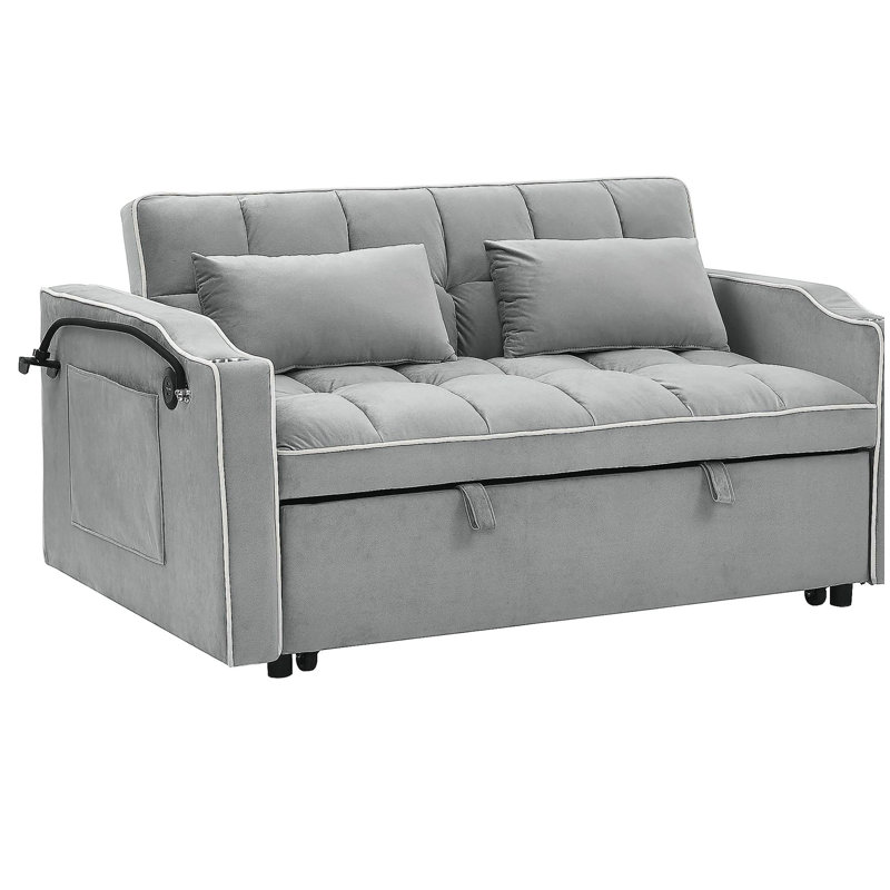Canapé-lit pliable polyvalent de 55,51 pouces en 3 longueurs, canapé-lit moderne en velours coulissant, dossier réglable et avec port USB, cendrier et support pour téléphone pivotant (gris)