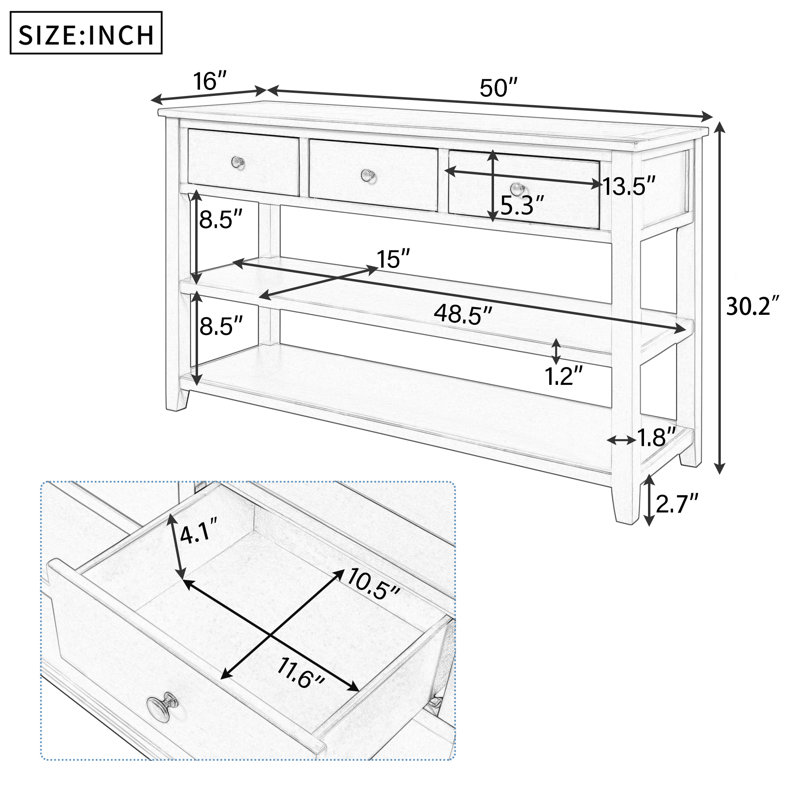 Retro Design Console Table With 3 Drawers And 2 Open Shelves – Pine Solid Wood Frame For Living Room, Entryway