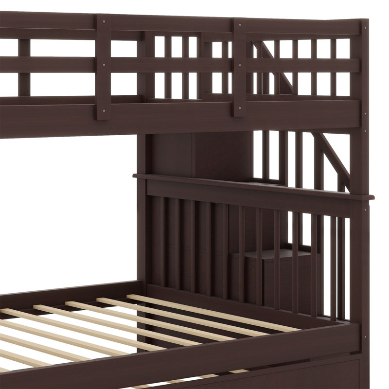 Lit superposé à escalier avec lit gigogne, rangement et garde-corps, Espresso