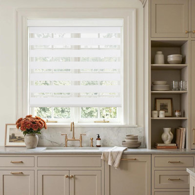 Dual Layer Cordless Zebra Roller Shades, Light Control Free-Stop Window Blinds with Light-Proof Aluminum Cover, White, 46" W x 75" H