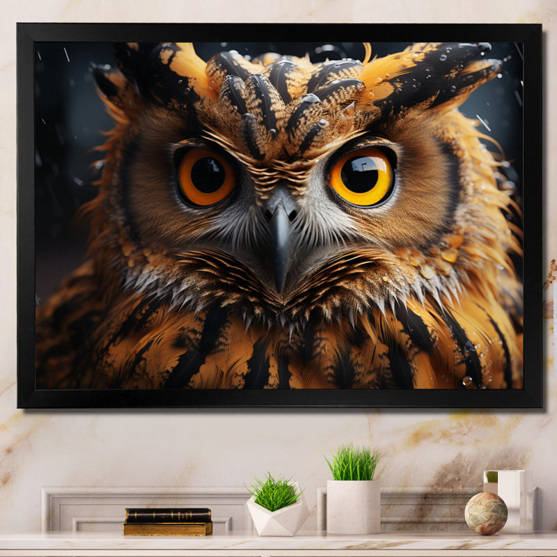 «Yellow Owl Wise Portrait IV», reproduction sur toile, H 24 po x l 32 po x P 1 po, Cadre photo noir