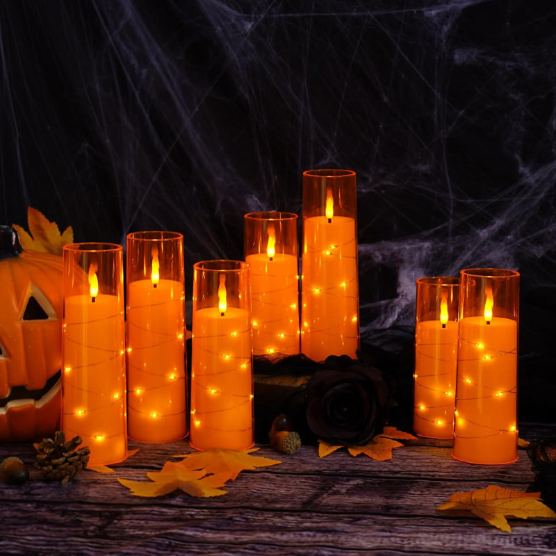 Orange LED Flameless Pillar Candles with Timer and Remote, Set of 7