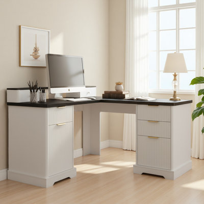 59" Modern Fluted L-Shaped Desk With Charging Station & Storage Cabinet - Home Office Computer Desk With Monitor Stand, File Drawer And Removable Support Shelf For Study, Home Office