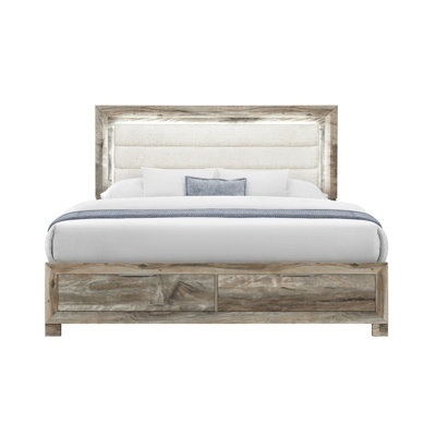 Brown Modern Upholstered Panel Bed Frame with Underbed Storage Drawers and Soft Padded Polyester Headboard, Engineered Solid Wood Bedroom Platform Bed, Queen Size