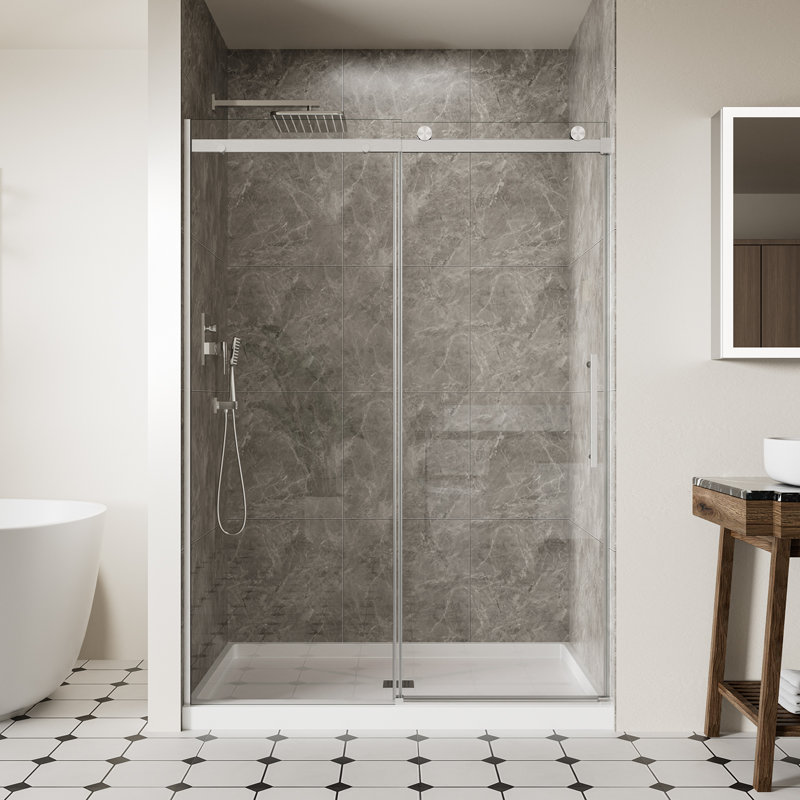 50"-54"W X 74"H Frameless Sliding Shower Door, 1/4" (6mm) SGCC Tempered Glass with Explosion-Proof Film & Nano Coating, Stopper Included, Chrome