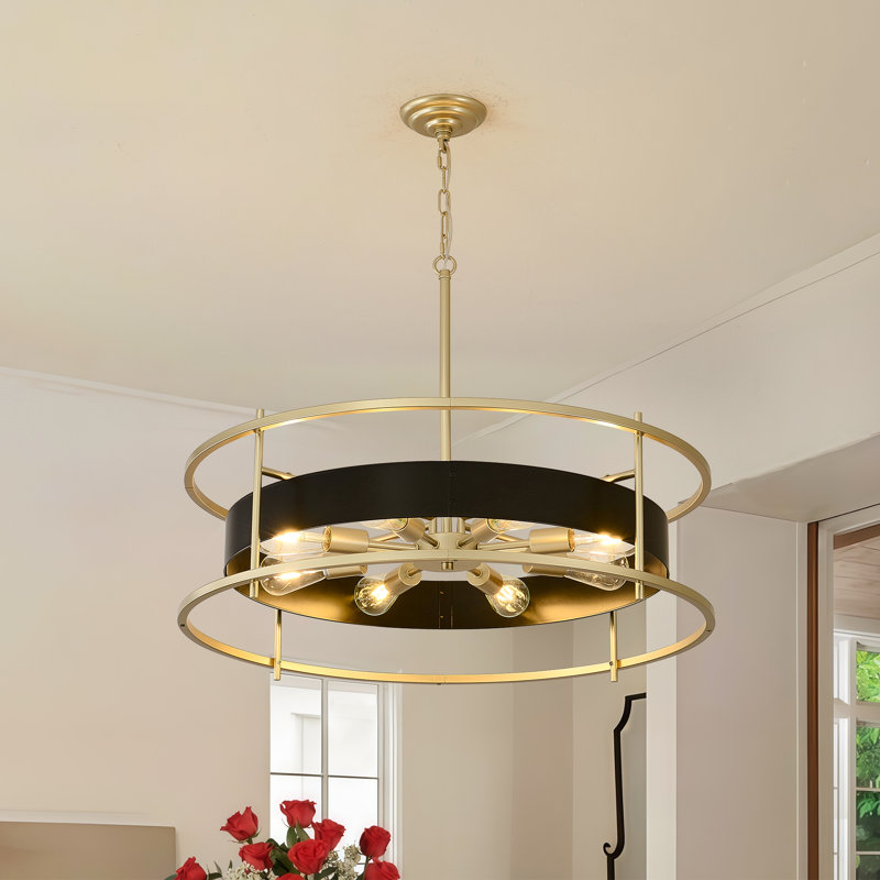 Modern Drum Chandelier, 8-light Black And Gold Dining Room Light Fixtures, Metal Round Pendant Lighting Height Adjustable For Dining Room Hallway Entryway Kitchen Island Bedroom Foyer