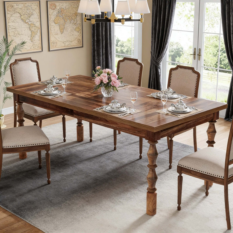 Table de salle à manger en bois avec pieds sculptés, Brun