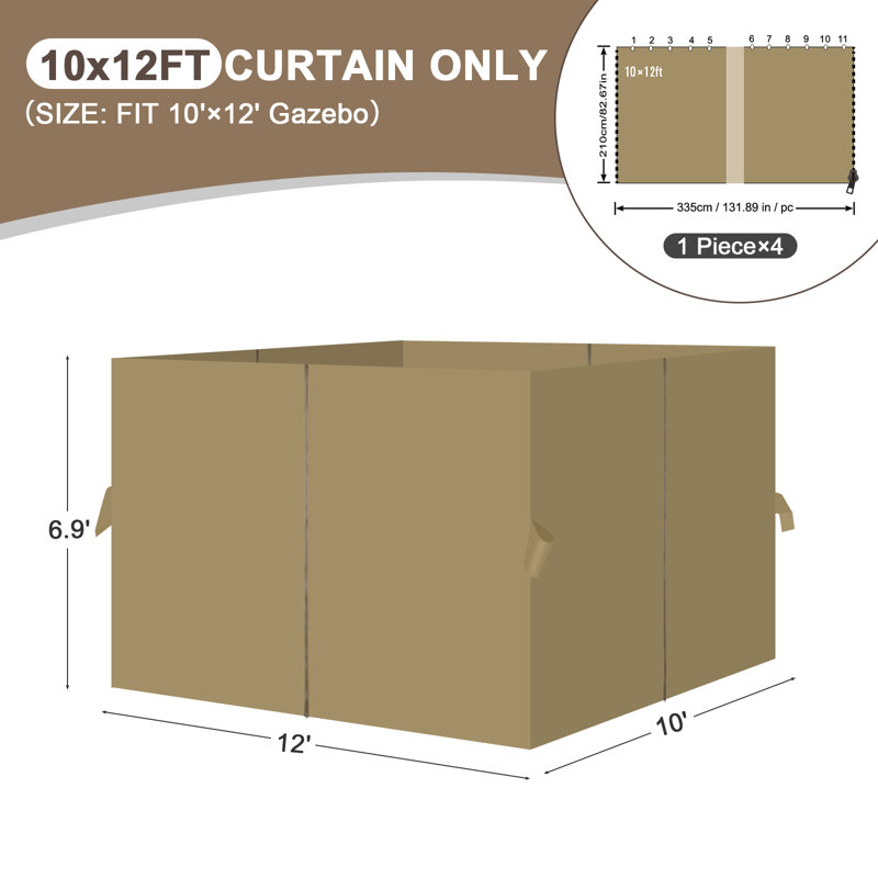Rideaux de pavillon 4 panneaux de remplacement Aoodor, H 82,7 po x l 120 po x P 144 po, Kaki