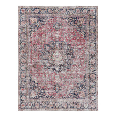 Vintage   Rug, Faded Floral Medallion In Red And Indigo - Rug & Kilim