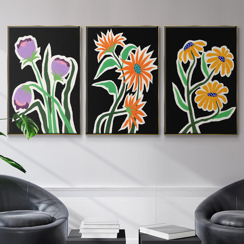 Pop Flowers I, reproduction encadrée sur toile 3 pièces, Encadrement doré, H 27 po x l 54 po x P 2 po