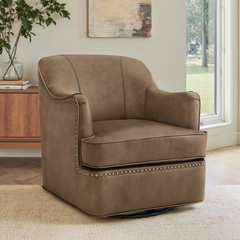 Fazio Genuine Leather Swivel Barrel Chair, Grayish Brown