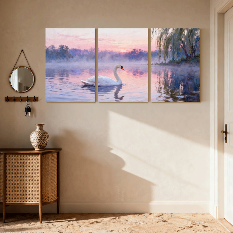 Oiseaux cygne sur un lac au coucher du soleil avec brume, ensemble de 3 impressions sur toile, H 18 po x l 36 po