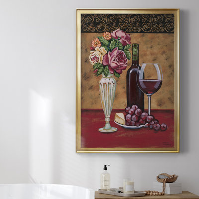«Vintage Flowers And Wine I», toile encadrée de qualité supérieure - prête à être accrochée