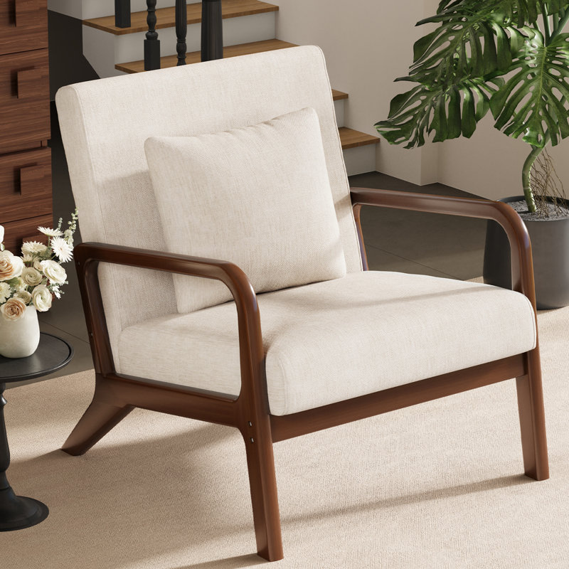 Fauteuil d'appoint rembourré en bois massif avec accoudoirs supplémentaires, accoudoirs bruns et lin beige