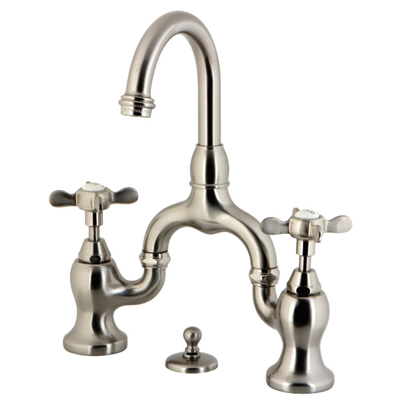 Kingston Brass Essex Two-Handle 3-Hole Deck Mount Bridge Bathroom Faucet with Brass Pop-Up, Brushed Nickel