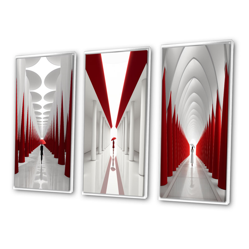 Ensemble d'art sur toile, "Red White Dream", 3 pièces - "Red White Path To The Dream", Cadre flottant blanc