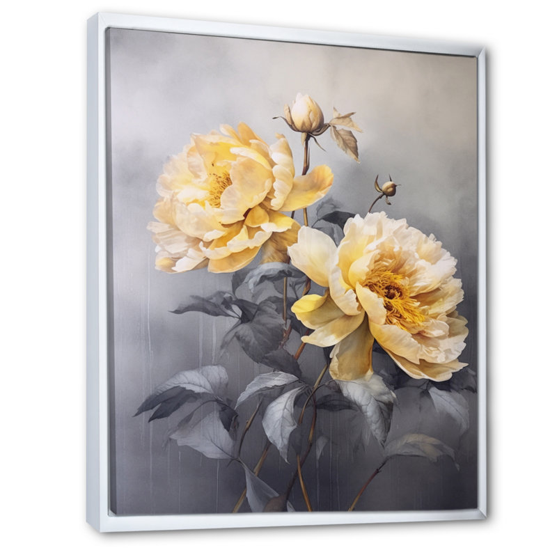 " Yellow Gray Peony Serenity ", 40" H x 30" W x 1.5" D, White Floater Framed