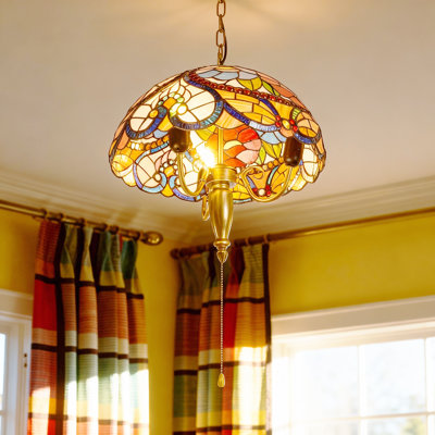3 Light Dimmable Tiffany Style Stained Glass Pendant With Pull Chain