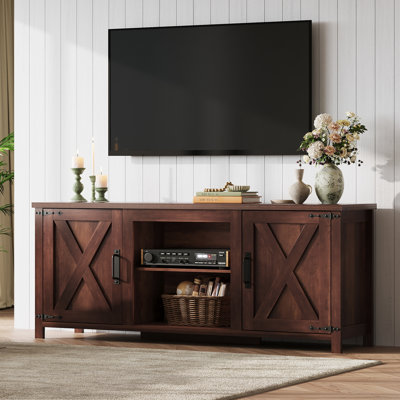 Modern Farmhouse TV Stand for TVs up to 65", Entertainment Centre with X-Shaped Barn Doors, Large Storage Media TV Console with Adjustable Shelves & Cable Holes for Living Room