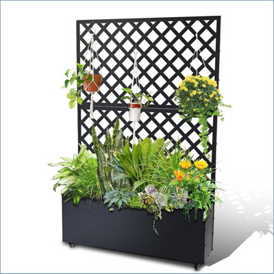 Metal Planter Box with Trellis, 70.87"x46.46"x11.81" Raised Garden Bed with Trellis & Wheels, Outdoor Garden Box with Privacy Screen & Drainage Holes for Climbing Plants Flower Vegetable