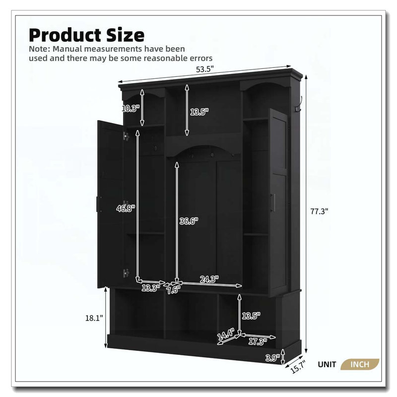 Modern All-in-One Hall Tree with Adjustable Shelves, Classic Arched Farmhouse Storage Bench with Dual Side Cabinets, Black