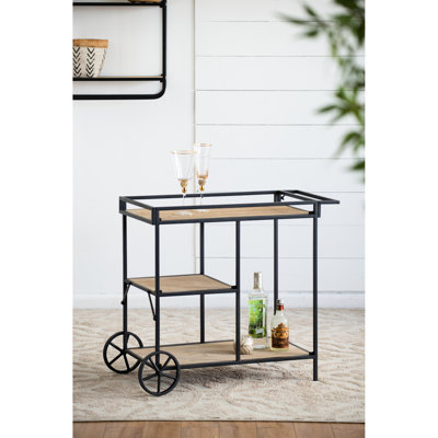 Chariot-bar 32,3 po x 15,7 po x 26,8 po avec support en métal noir et trois niveaux de rangement charmants