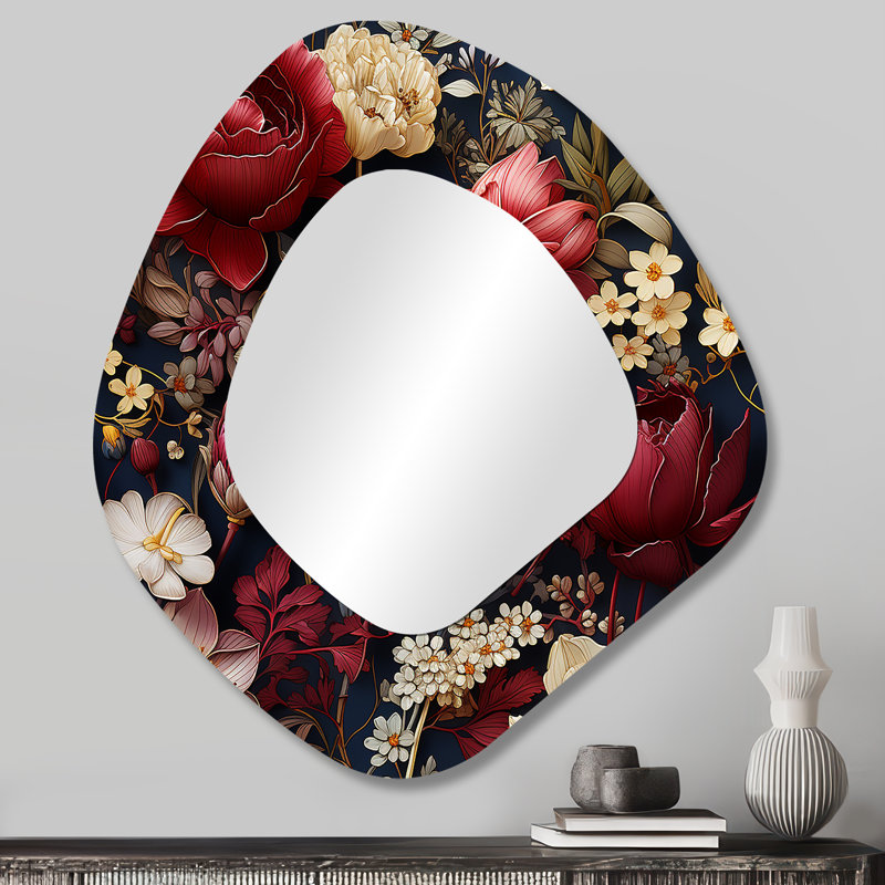Victorian Burgundy Floral Asymmetrical Glass Wall Mirror