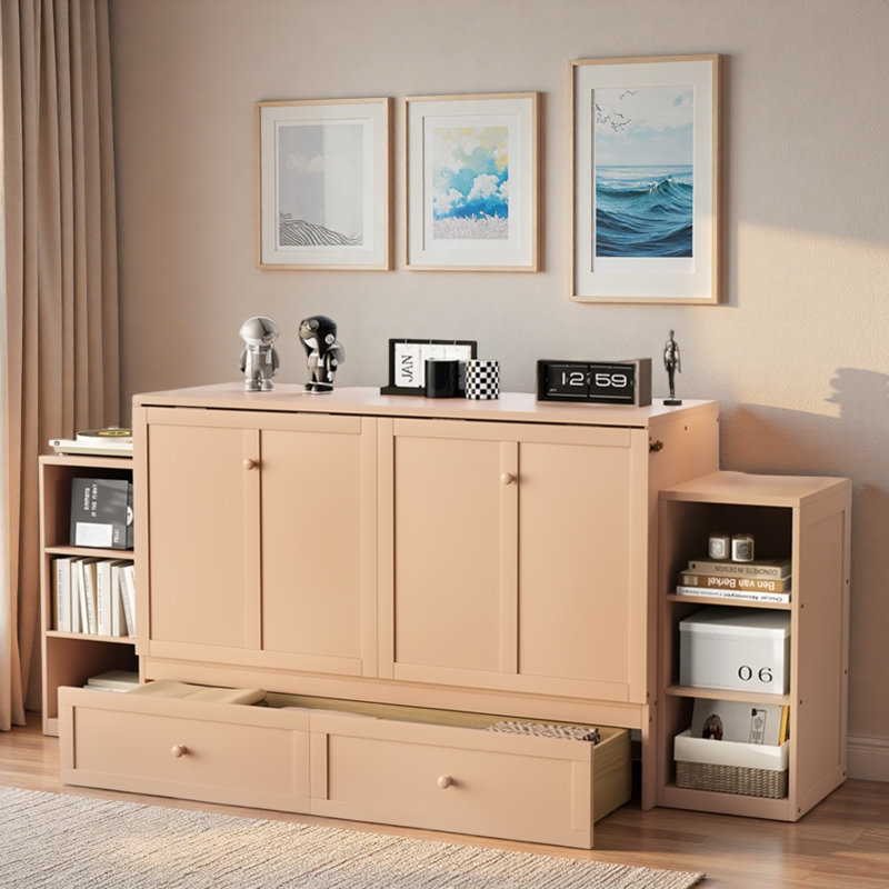 Lit escamotable avec tiroirs de rangement spacieux et tablettes ouvertes, Doré