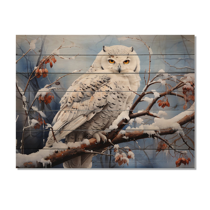 Hibou des neiges hiver II sur bois, H 30 po x l 40 po x P 0,78 po