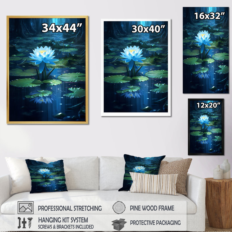 «Blossoming Blue Lotus In Full Moon Pond», reproduction sur toile, H 44 po x l 34 po x P 1,5 po, Cadre simple noir