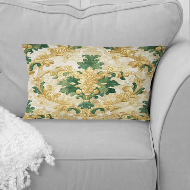 Coussin décoratif damassé et motif baroque vert doré I, H 12 po x l 20 po, Forme rectangulaire